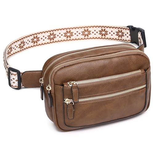 QOECI Gürteltasche für Damen und Herren, mit 5 Reißverschlusstaschen, Kunstleder-Crossbody-Tasche für Damen, trendige, modische Hüfttasche, verstellbare Riemen, Umhängetasche, Brusttasche, Braun von QOECI