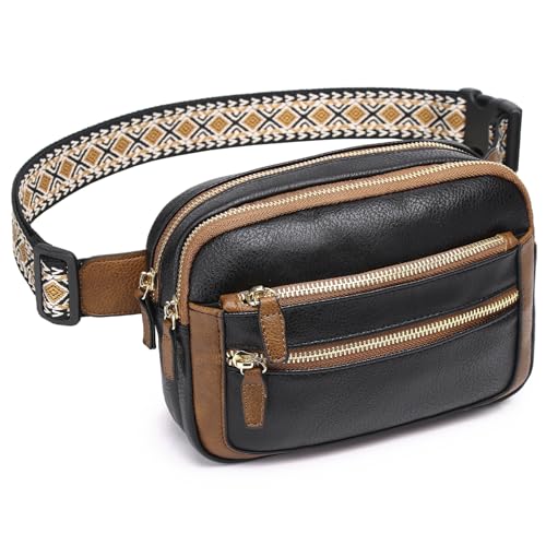 QOECI Gürteltasche für Damen und Herren, mit 5 Reißverschlusstaschen, Kunstleder-Crossbody-Tasche für Damen, trendige, modische Hüfttasche, verstellbare Riemen, Umhängetasche, Brusttasche, schwarz von QOECI