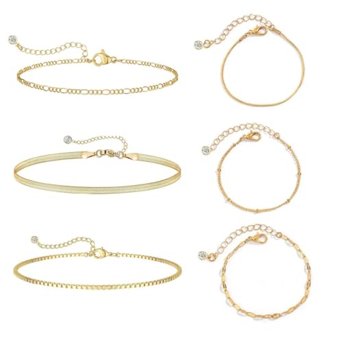 5 Stück Armband Damen Gold, Vergoldet Stapelarmbänder Edelstahl, Italian Charm Bracelet Gold, Figaro Armbänder Verstellbare Armband Set, Gold Schmuck für Damen von QOMJUFA