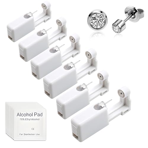 6 Stück Ohrringe Selber Stechen Set, Steril-Sicherheits Ohrnasen Piercing Pistolen Kit, Ohrlochpistole, Schmerzfreies Selbst-Piercing-Werkzeug Piercing Zubehör von QOMJUFA