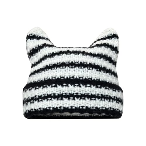 QOMJUFA Damen Mütze Katzenohren Cat Ear Beanie Fairy Grunge Beanie Y2K Cat in The Hat Striped Crochet Slouchy Hat Winter Warm Knitted Alt Headwear Accessories von QOMJUFA