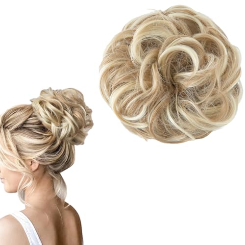 QOMJUFA Haarteil Mit Gummiband - Groß Dutt Haarteil Blond Gelockt - Haargummi Mit Haaren Hochsteckfrisuren Haarverlängerung Messy Bun Haarteile - für Damen Mädchen Pferdeschwanz von QOMJUFA