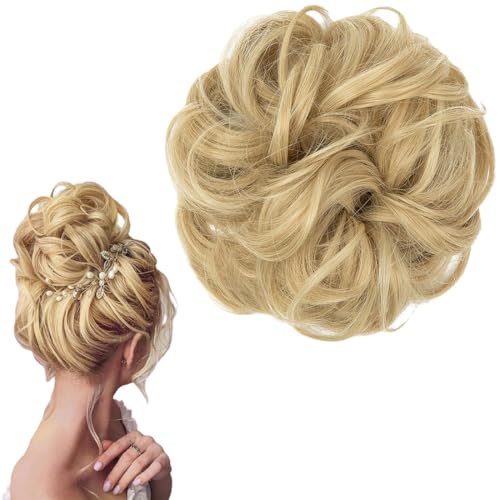 QOMJUFA Haarteil Mit Gummiband - Groß Dutt Haarteil Blond Gelockt - Haargummi Mit Haaren Hochsteckfrisuren Haarverlängerung Messy Bun Haarteile - für Damen Mädchen Pferdeschwanz von QOMJUFA