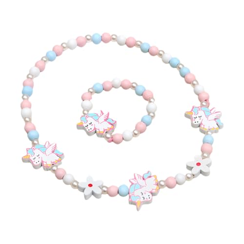 QOWIJEX 1 Set Kinderkette Mädchen Holz Kinder Schmuck Set Einhorn Perlen Halskette und Armband Geschenk für Mädchen Geburtstag Party Dress Up Kostüm Zubehör von QOWIJEX