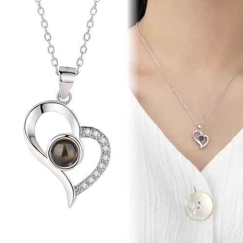 QOWIJEX 1 Stück Damen Halskette Herz Ketten, mit" Ich liebe dich“ Projektionen in 100 Sprachen, Anhänger im Stein als liebevolle Muttertaggeschenk für Mama, Freundin usw von QOWIJEX