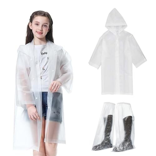 QOWIJEX 1 Stück Kinder-Regenmantel mit 1 Paar Schuhüberzieher Wasserdicht, Dicker Wiederverwendbarer Regenmantel Regenponcho Jacke Slicker für Kinder Junge Mädchen Kinder,Durchsichtig von QOWIJEX