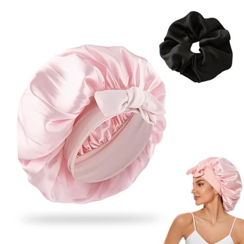 QOWIJEX 1 Stück Schlafmütze mit 1 pc Haarband, Satin Bonnet Nacht Schlaf Mütze Verstellbare Schlafkappe Kopfbedeckung Weiche Kopfhaube Schlafhaube Seide mit Gummizug für Damen und Mädchen(Rosa) von QOWIJEX