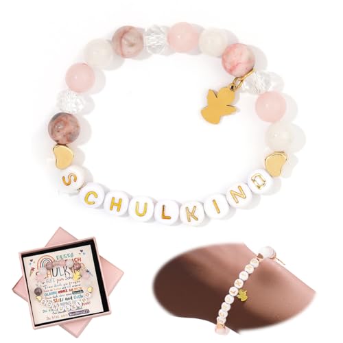 QOWIJEX 1 Stück School Cone Girl Einschulung Geschenk Mädchen Schutzengel Ärmbänder Schulkind Schultüte Füllung Geschenk Schulkind Schulanfang Geschenk Glücksbringer mit Grußkarte Geschenkbox von QOWIJEX