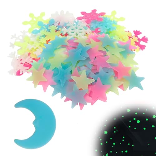 QOWIJEX 151 Stück Leuchtende Sterne Wandsticker im Dunkelen für die Decke, Selbstklebend 3D Leuchtende Aufkleber Sterne, Mond und Schneeflocken für Kinderzimmer, Raumdeko von QOWIJEX