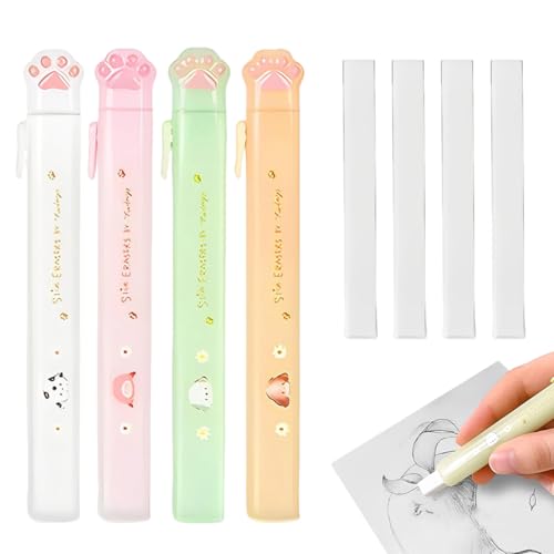 QOWIJEX 3 Set Radiergummi im Stiftstil, Niedliches Katzenpfoten-Design,3 einziehbare Radierstifte + 3 Refill Radiergummis, nachfüllbarer Präzisionsradierer für Bleistifte Zeichnen, Lernen, Büro von QOWIJEX