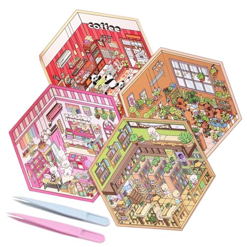 QOWIJEX 4 Sets 3D House Stickers mit 2 x Pinzette, Miniatur Haus Sticker 3D, 3D Sticker Scene, Haus Aufkleber Machen Sie Ihren Eigenen, Relief Stress für Erwachsene und Kinder von QOWIJEX