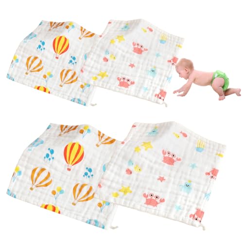 QOWIJEX 4 Stück Baby Musselin Waschlappen, Baby Badetücher/Weiche Neugeborene Baby Gesichtstücher, Mehrzweck-natürliche Baumwolle Baby Wipes（25 * 25cm*2+30 * 30cm*2） von QOWIJEX