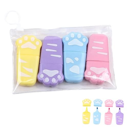 QOWIJEX 4 Stück Textmarker,Niedlicher Katzenpfoten-Highlighter,Highlighter Pen Marker Pastell Textmarker,Aesthetic Marker Stifte Textmarker Set für Kinder Erwachsene Zeichnung oder Hervorheben von QOWIJEX
