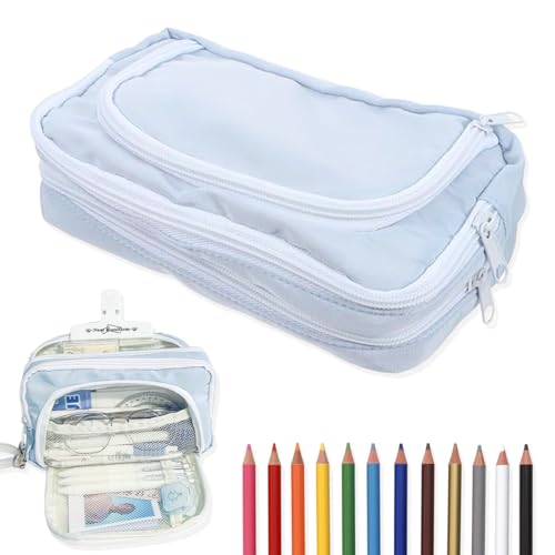 QOWUXHZ 1 Stück Mäppchen Federmäppchen Mäppchen Mit 3 Fächer Federtasche Große Kapazität Federmappe Mädchen Junge Teenager Erwachsene Schlamppermäppchen Pencil Case Mit Tragegriff Für Schule Büro Blau von QOWUXHZ