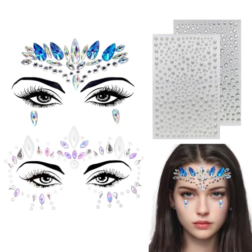 QOWUXHZ 2 Blätter Glitzersteine Gesicht Und 2 Blätter Strass Aufkleber Perlen Diamanten Gesicht Edelsteine Temporäre Tattoos Gesicht Selbstklebend Glitzer Schmucksteine Juwelen Kristalle Strasssteine von QOWUXHZ