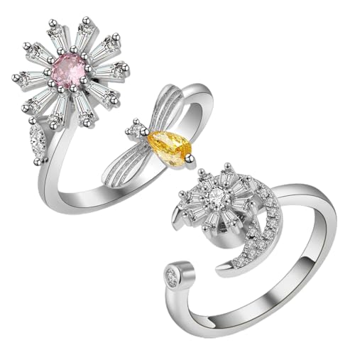 QOWUXHZ 2 Stück Angst Ring Verstellbare Anti Stress Ring Linderung Von Ängsten Und Silber Angst Spinning Mit Perlen Offene Spinner Damen Anxiety Stressringe Für Mädchen Und Frauen von QOWUXHZ
