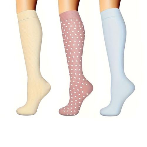 QOWUXHZ 3 Paar Kompressionsstrümpfe Damen Und Herren Kompressionssocken Stützstrümpfe Compression Socks Laufstrümpfe Kompression Für Flug Sport Reisen Radsport Krankenschwester Blau Beige Rosa von QOWUXHZ