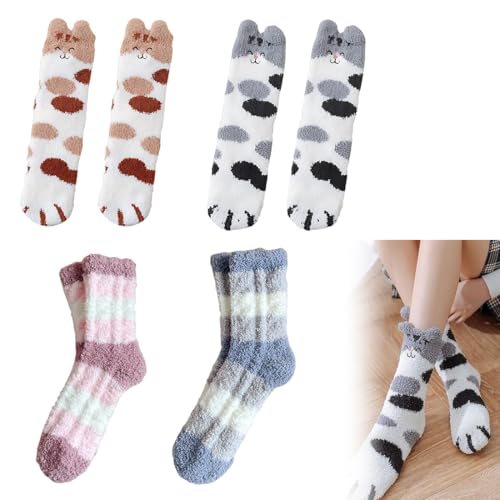 QOWUXHZ 4 Paare Kuschelsocken Damen Warme Flauschige Socken Weihnachtssocken Dicke Wintersocken Haussocken Kuschel Bettsocken Schlafsocken Thermosocken Für Weihnachten Als Geschenke 4 Farben von QOWUXHZ