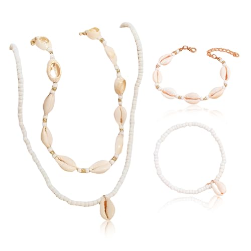 QOWUXHZ 4 Stück Muschelkette Muschel Halskette Armband Set Damen Natural Shell Choker Halsketten Armband Schmuck Set Boho Muschelkette Halskette Verstellbares Armband Für Damen Mädchen Sommer von QOWUXHZ