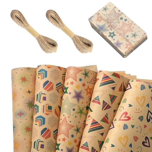 QOWUXHZ 5 Blätter Geschenkpapier Geburtstag Set 70X50Cm Geschenkpapier Kinder Mit Klebeband 2 Hanfseile Wrapping Paper Geschenk Papier Für Männer Frauen Mädchen Junge von QOWUXHZ