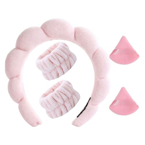 QOWUXHZ 5 Stück Skincare Haarband Set Aus 1 Stirnband Damen 2 Gesichtswasch Handgelenk 2 Puderquaste Wiederverwendbares Haarbänder Make Up Aus Schwamm Haarbänder Für Make-Up Hautpflege Sport Rosa von QOWUXHZ