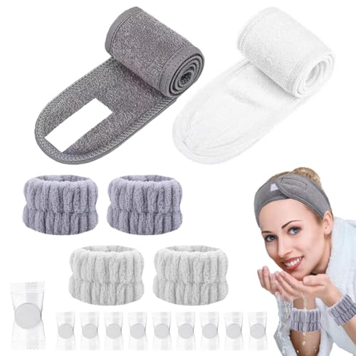 QOWUXHZ 6 Stück Haarband Kosmetik Handgelenk Waschbänder Set Kosmetik Stirnband Frottee Spa Stirnband Haarschutzband Haarband Für Damen Make Up Sport Dusche Weiss Grau Mit 10 Komprimiertes Handtuch von QOWUXHZ