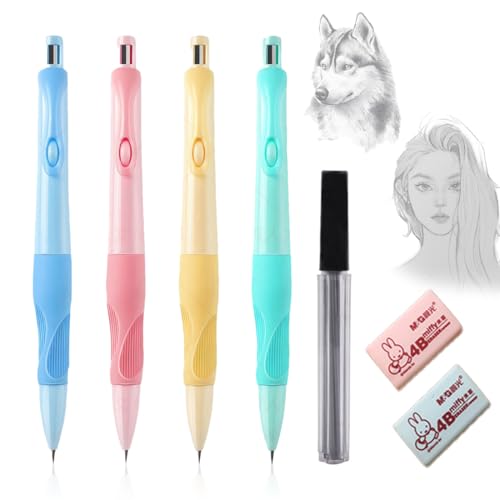QOWUXHZ Druckbleistift-Set Ergonomisches Druckbleistift-Set Für Kinder 4 Niedliche Druckbleistifte 2Mm Mit 8 Hb-Bleistiftminen 1 Radiergummis Minenbleistift-Set Für Schreiben Und Zeichnen von QOWUXHZ