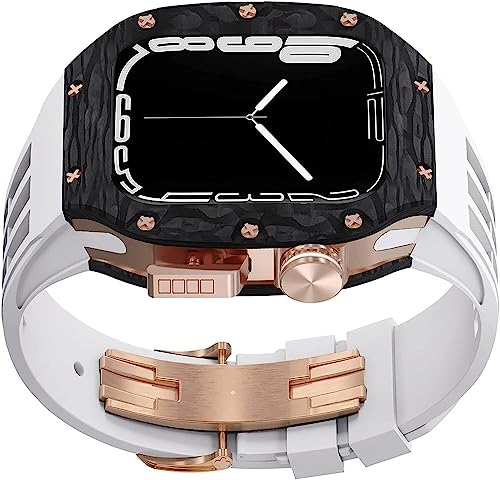 QPDRNC Uhrengehäuse aus Karbonfaser, Fluorelastomer, leicht, für Apple Watch 8/7/6/4/5 SE, 45 mm, 44 mm, Metall-Stoßdämpfer, Uhrenabdeckung, RM-Stil, Gummiband, Schlaufen, Uhrenzubehör, für Damen und von QPDRNC