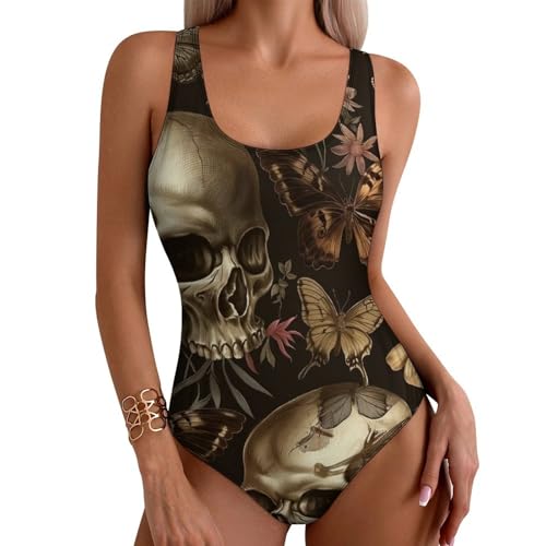 QPIKDFOSJ Bikinis Badeanzüge Totenköpfe Und Schmetterlinge Und Blumen Einteilige Badeanzüge Bademode Für Frauen von QPIKDFOSJ