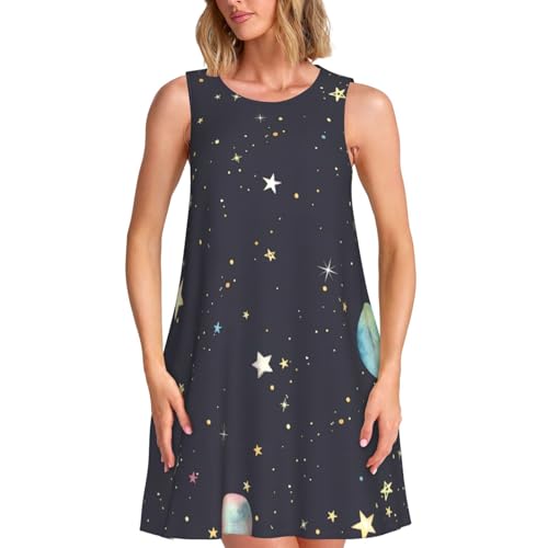 QPIPGER Galaxy.. Print Damen Ärmelloses Kleid Sommer Casual Blumendruck A-Linie mit Taschen Strandkleid, Schwarz , S von QPIPGER