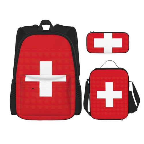 QPIPGER Lässiger Rucksack mit Schweizer Flagge, Thermo-Lunchbox und Federmäppchen, 3-in-1-Oxford-Tasche von QPIPGER