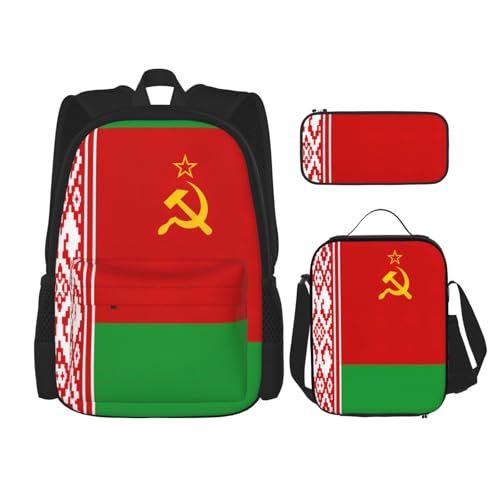 QPIPGER Lässiger Rucksack mit Thermo-Lunchbox und Federmäppchen, 3-in-1-Oxford-Tasche mit Flagge von Belarus von QPIPGER