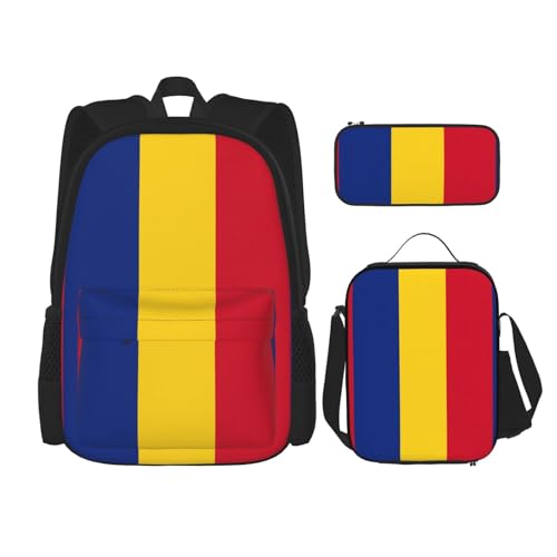 QPIPGER Lässiger Rucksack mit Thermo-Lunchbox und Federmäppchen, 3-in-1-Oxford-Tasche mit Flagge von Rumänien von QPIPGER