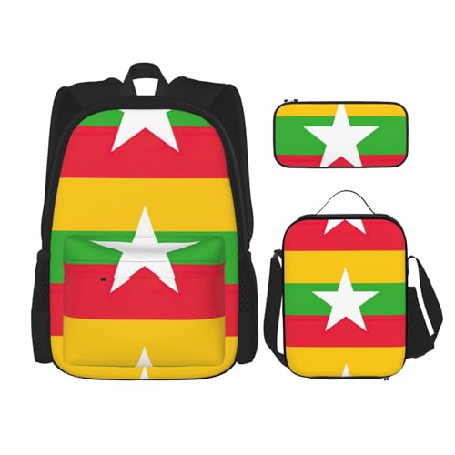 QPIPGER Lässiger Rucksack mit Thermo-Lunchbox und Federmäppchen, Motiv: Flagge von Myanmar, 3-in-1-Oxford-Tasche von QPIPGER