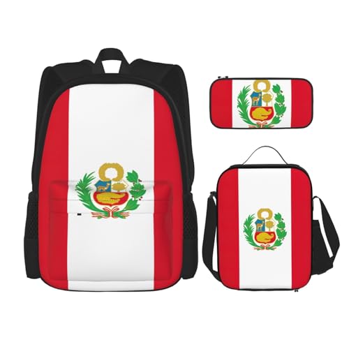 QPIPGER Lässiger Rucksack mit Thermo-Lunchbox und Federmäppchen, Motiv: Flagge von Peru, 3-in-1-Oxford-Tasche von QPIPGER