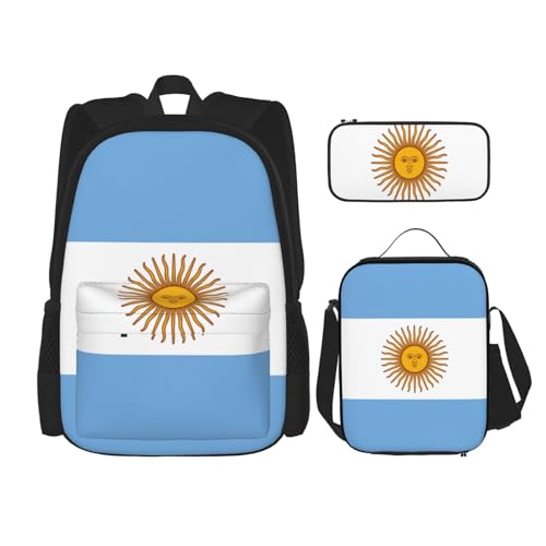 QPIPGER Lässiger Rucksack mit argentinischer Flagge, mit Thermo-Lunchbox und Federmäppchen, 3-in-1-Oxford-Tasche von QPIPGER