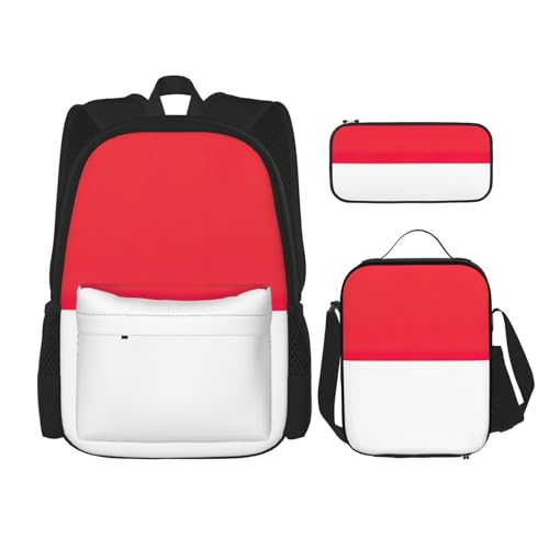 QPIPGER Lässiger Rucksack mit indonesischer Flagge, mit Thermo-Lunchbox und Federmäppchen, 3-in-1-Oxford-Tasche von QPIPGER