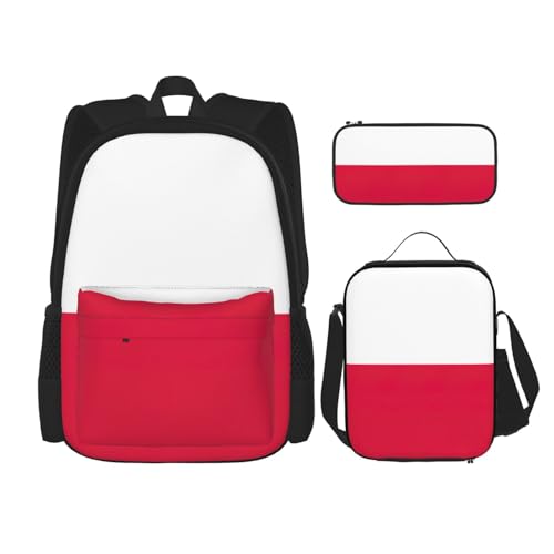 QPIPGER Lässiger Rucksack mit polnischer Flagge, Thermo-Lunchbox und Federmäppchen, 3-in-1-Oxford-Tasche von QPIPGER