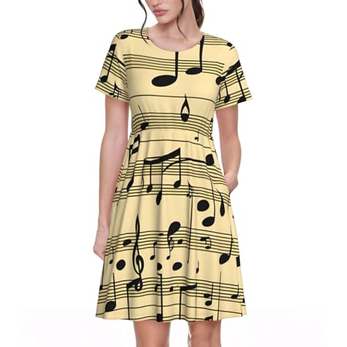 QPIPGER Musical Notes Prrint Damen Casual Kurzarm Kleid mit Taschen Urlaub Strandkleid mit elastischer Taille, Schwarz , 3XL von QPIPGER