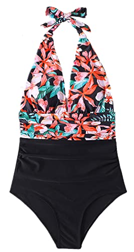 QPQ Badeanzug Damen Neckholder V-Ausschnitt Raffung Bauchweg Einteilige Bademode Swimsuit Rosa/Schwarz M von QPQ