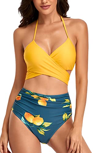 QPQ Damen Badeanzug Gepolstert Bikini Set Neckholder Bikinis Oberteil High Waist Wickel Bikinihose Tiefer V Ausschnitt Sportlich Zweiteiliger Strandbikini Gelb S von QPQ