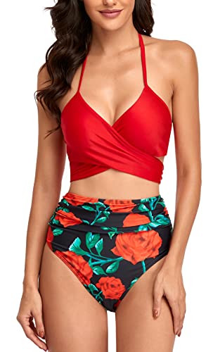 QPQ Damen Badeanzug Gepolstert Bikini Set Neckholder Bikinis Oberteil High Waist Wickel Bikinihose Tiefer V Ausschnitt Sportlich Zweiteiliger Strandbikini Rot L von QPQ