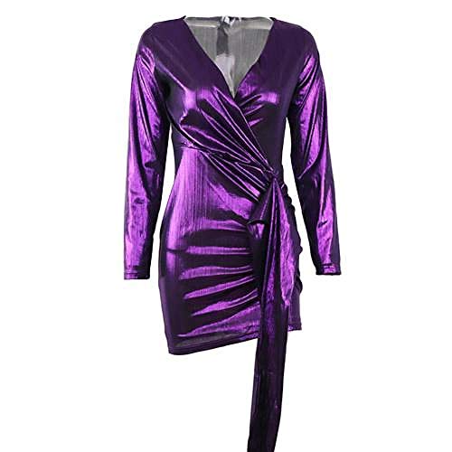 QPXZ Strand Kleider Damen V-Ausschnitt Langarm Gold Glänzend Party-Purple_M von QPXZ