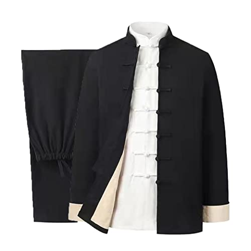 Baumwolle Leinen Tai Chi Uniform Set Tang Anzug Chinesische Traditionelle Kleidung Herren Kampfkunst Kleidung Atmungsaktiv Langarm Mantel Tops Hose, Kung Fu Uniform Zen Meditati, Schwarz , XL/XXL von QPZK