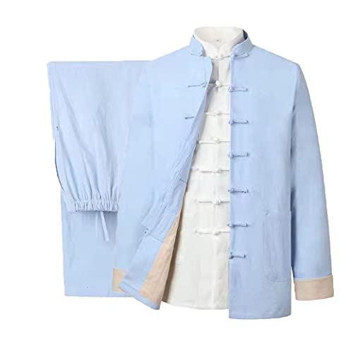 Baumwolle Leinen Tai Chi Uniform Set Tang Anzug Chinesische Traditionelle Kleidung Herren Kampfkunst Kleidung Atmungsaktiv Langarm Mantel Tops Hose, Kung Fu Uniform Zen Meditati, blau, XL/XXL von QPZK