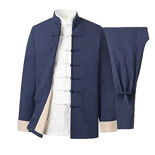 Baumwolle Leinen Tai Chi Uniform Set Tang Anzug Chinesische Traditionelle Kleidung Herren Kampfkunst Kleidung Atmungsaktiv Langarm Mantel Tops Hose, Kung Fu Uniform Zen Meditati, blau (1), 4XL/5XL von QPZK