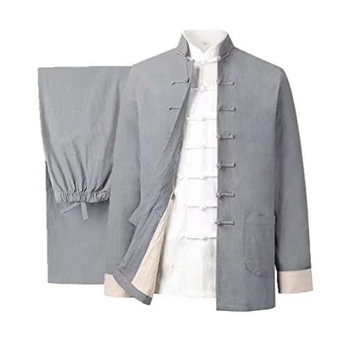 Baumwolle Leinen Tai Chi Uniform Set Tang Anzug Chinesische Traditionelle Kleidung Herren Kampfkunst Kleidung Atmungsaktiv Langarm Mantel Tops Hose, Kung Fu Uniform Zen Meditati, grau, 4XL/5XL von QPZK