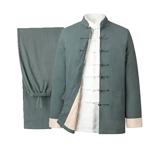 Baumwolle Leinen Tai Chi Uniform Set Tang Anzug Chinesische Traditionelle Kleidung Herren Kampfkunst Kleidung Atmungsaktiv Langarm Mantel Tops Hose, Kung Fu Uniform Zen Meditati, grün, L/XL von QPZK