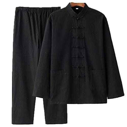 Herren Traditionelle chinesische Kleidung Tang Anzug, Baumwolle Leinen Tai Chi Kleidung, lose Kung Fu Jacke Langarm Mantel Oberteile und Hose, Kampfanzug, Schwarz , Large von QPZK