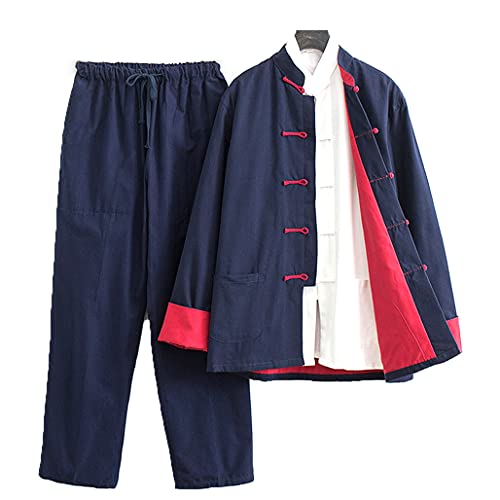 Kung Fu Clothing Herren Traditionelle chinesische Kleidung Tang-Anzug Hanfu Set mit 3 Stück Baumwolle Leinen Tai Chi Uniform Langarm Mantel Tops von QPZK